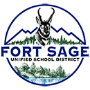 Fort Sage Unified School District logo featuring an antelope, blue mountains, green trees, and the district name in bold blue letters.